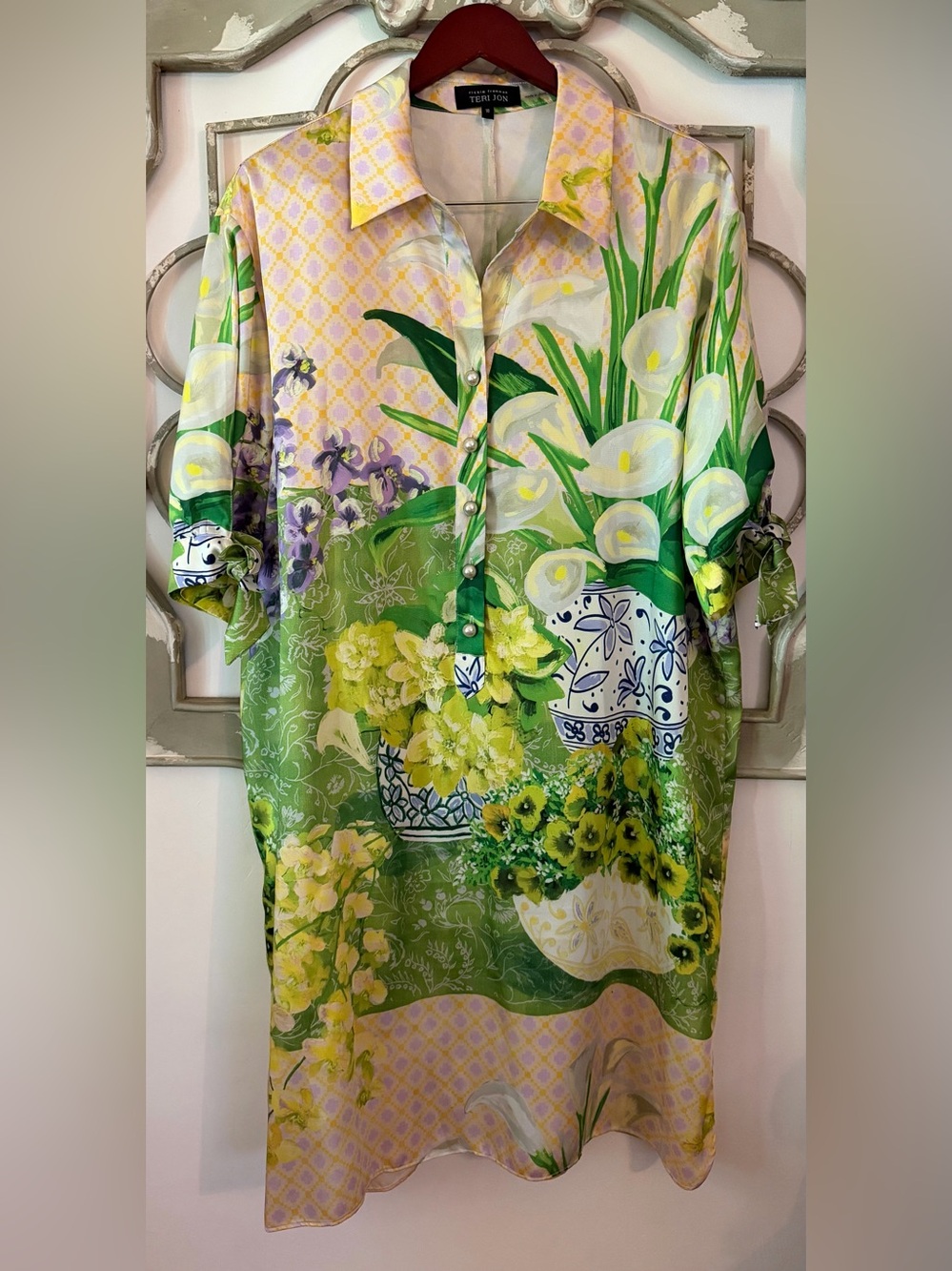 Rickie Freeman for Teri Jon Vintage Garden Art Print Shirt Dress Size 18